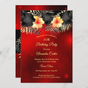 Convite Black Red yellow Hibiscus Tropical Floral Party