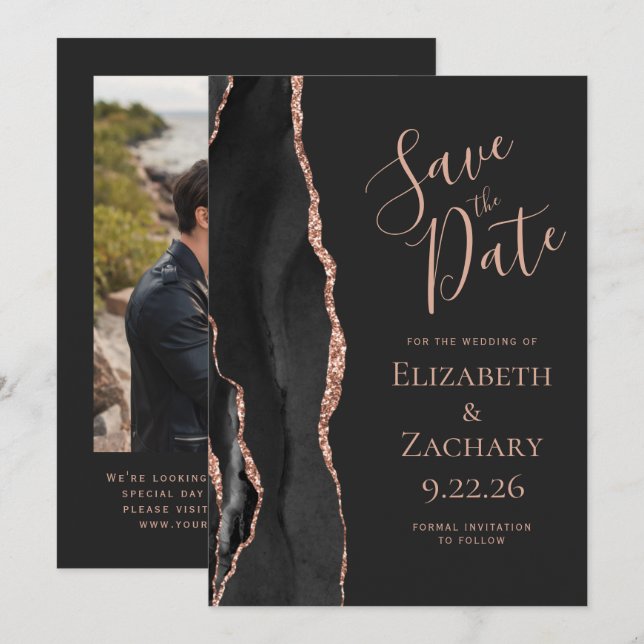 Convite Black Rose Gold Ágata Foto Dark Save the Date (Frente/Verso)