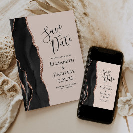 Convite Black Rose Gold Agate Blush Save the Date