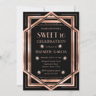 Convite Black & Rose Gold Art Deco Quadro Vintage Sweet 16