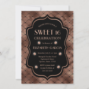 Convite Black & Rose Gold Art Deco Quadro Vintage Sweet 16
