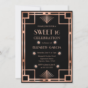 Convite Black & Rose Gold Art Deco Quadro Vintage Sweet 16