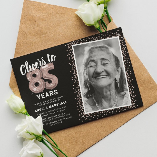 Convite Black Rose Gold Cheers para 85 Anos (Criador carregado)