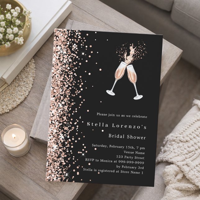 Convite Black rose gold glitter cheers party Bridal Shower (Criador carregado)
