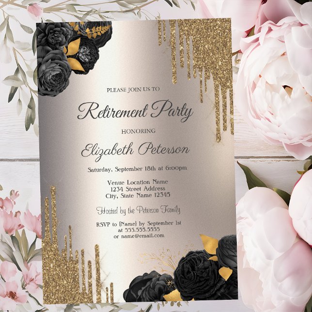 Convite Black Roses Glitter Drips Ivory Retirement Party (Criador carregado)