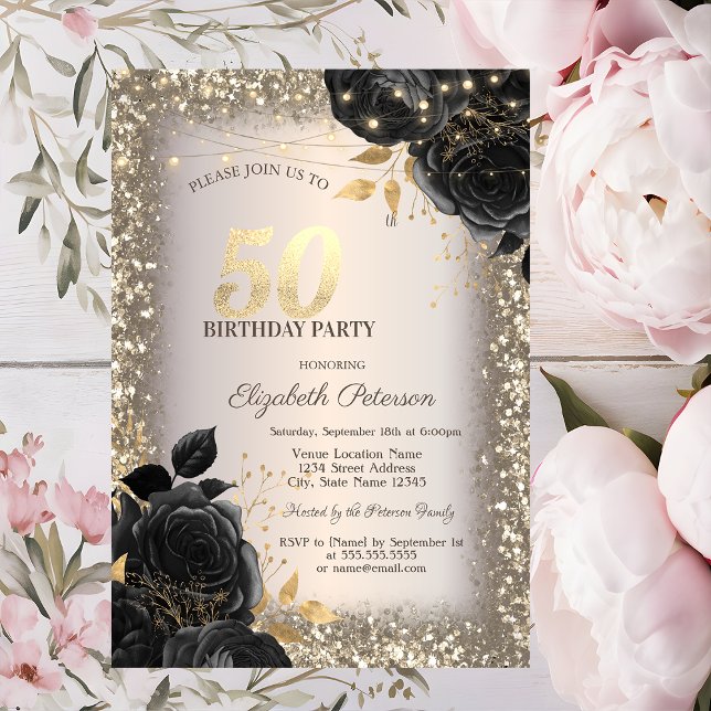 Convite Black Roses,Lights Glitter Frame 50th Birthday (Criador carregado)