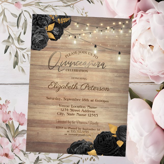 Convite Black Roses,String Lights,Wood Texture Quinceañera (Criador carregado)