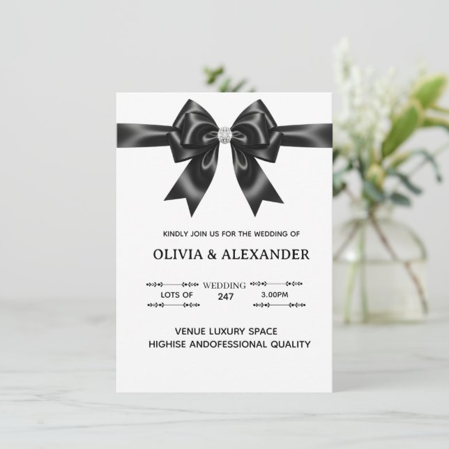 Convite Black Satin Bow Wedding Invitation | Elegant Ribbo (Em pé/Frente)