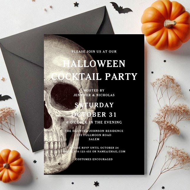 Convite Black Scarull Adult Halloween Cocktail Party (Black Scary Skull Adult Halloween Cocktail Party Invitation)