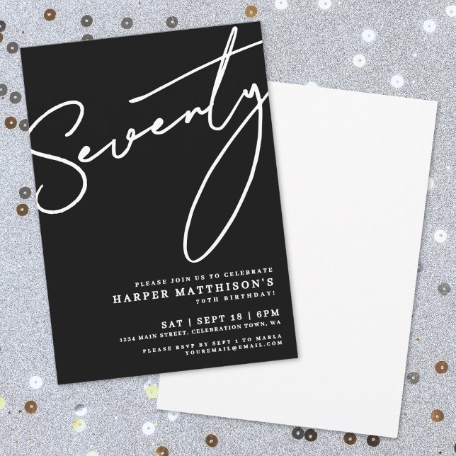 Convite Black Seventy 70th Birthday Party (Black Minimalist Seventy 70th Birthday Party Invitation)