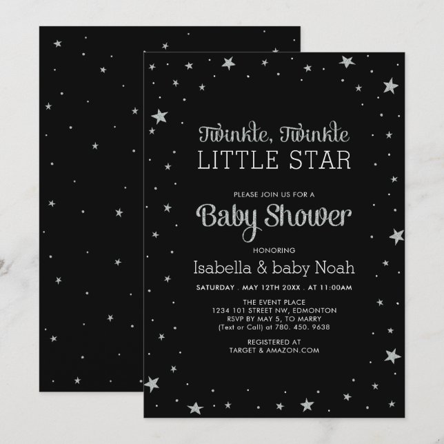 Convite Black & Silver | Chuvinha de Estrelas Baby Shower (Frente/Verso)