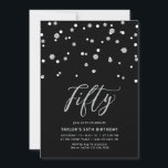 Convite Black & Silver Confetti 50.ª Festa de aniversário<br><div class="desc">Celebre seu dia especial com este mínimo de 50º convite de aniversário. Este design apresenta um script de na moda com letra "Cinquenta" com um confete em forma de hexágono com uma combinação de cores preta e prateada. Mais convites e material de festa estão disponíveis no meu compro BaraBomDesign.</div>
