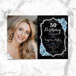 Convite Black Silver Dusty Blue Foto 50º aniversário<br><div class="desc">Elegante convite de 50 anos florais com sua foto. Design azul-poeirento brilhante preto e poeirento com prata brilhante falso. Apresenta rosas azuis, fonte de script e confetti. Perfeito para uma festa de comemoração de na moda adulto. Personalize com seus próprios detalhes. Pode ser personalizado para qualquer idade! Impressos convites Zazzle...</div>
