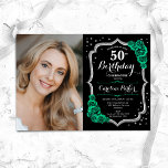 Convite Black Silver Emerald Green Foto 50º aniversário<br><div class="desc">Elegante convite de 50 anos florais com sua foto. Glam Black & emerald green design com falso brilho prata. Apresenta rosas verdes, fonte de script e confetti. Perfeito para uma festa de comemoração de na moda adulto. Personalize com seus próprios detalhes. Pode ser personalizado para qualquer idade! Impressos convites Zazzle...</div>