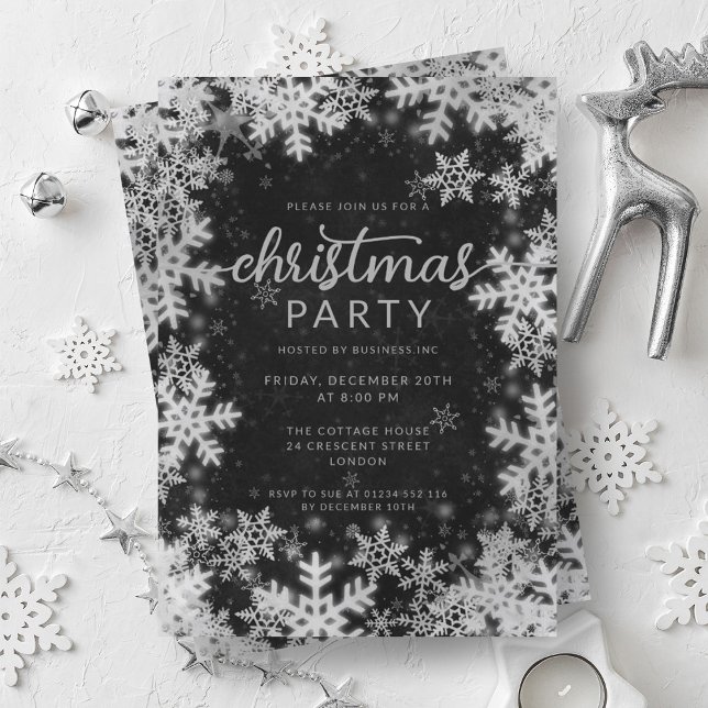 Convite Black Silver Faux Foil Snowflakes Festa de Natal (Black Silver Faux Foil Snowflakes Christmas Party Invitation)