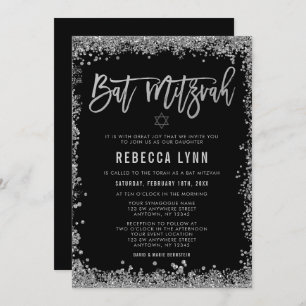 Convite Black Silver Faux Glitter Bat Mitzvah