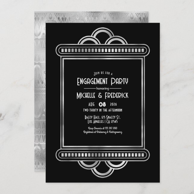 Convite Black & Silver Gatsby Art Deco Engagement Party (Frente/Verso)