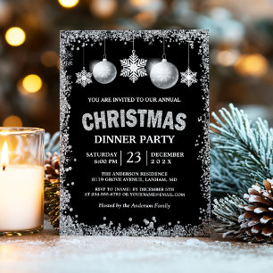 Convite Black Silver Gliters Snowflakes Festa de Natal