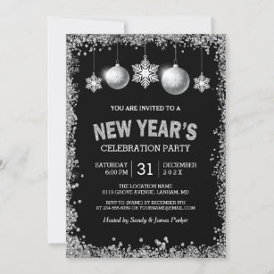 Convite Black Silver Glitters, Partido do Ano Novo