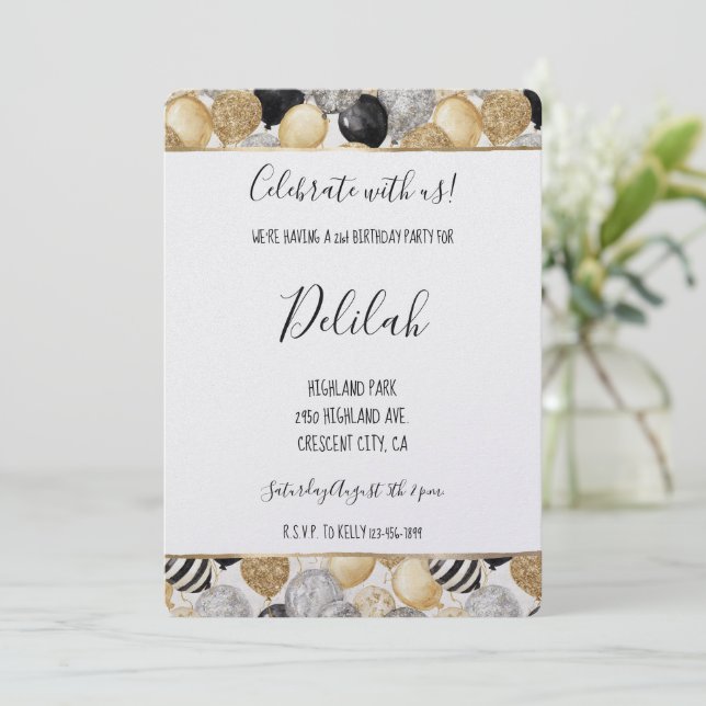 Convite Black Silver Gold Glam Balloons Birthday (Em pé/Frente)