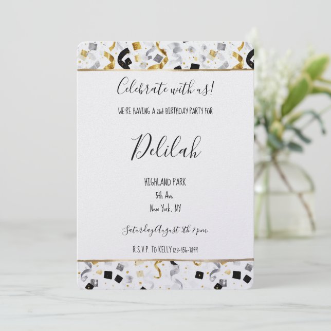 Convite Black Silver Gold Glam Confetti Birthday (Em pé/Frente)