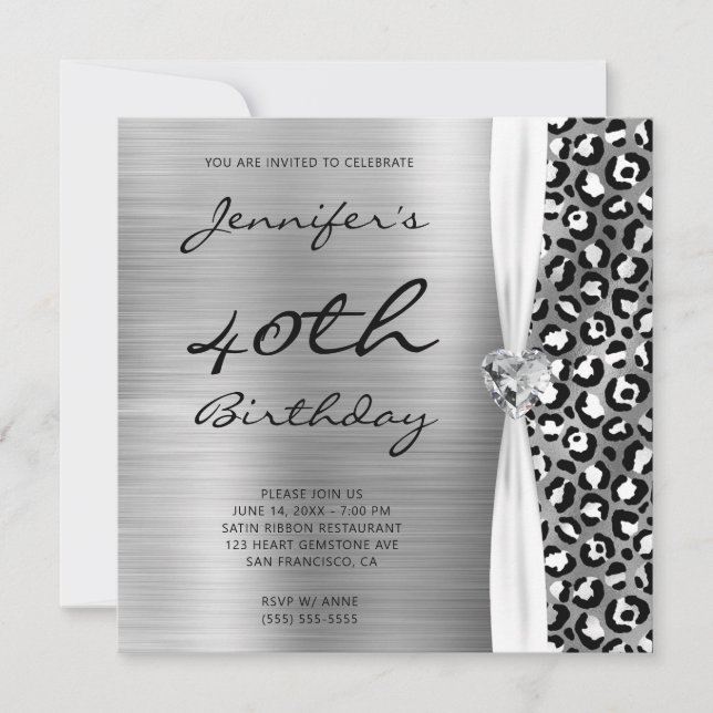 Convite Black Silver Leopard Foil Gem Ribbon 40º Aniversár (Frente)