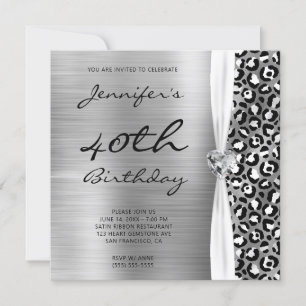 Convite Black Silver Leopard Foil Gem Ribbon 40º Aniversár
