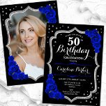 Convite Black Silver Royal Blue Foto 50º aniversário<br><div class="desc">Elegante convite de 50 anos florais com sua foto no fundo do cartão. Design azul brilhante e preto real com prata brilhante falso. Apresenta rosas azuis de safira, fonte de script e confetti. Perfeito para uma festa de comemoração de na moda adulto. Personalize com seus próprios detalhes. Pode ser personalizado...</div>