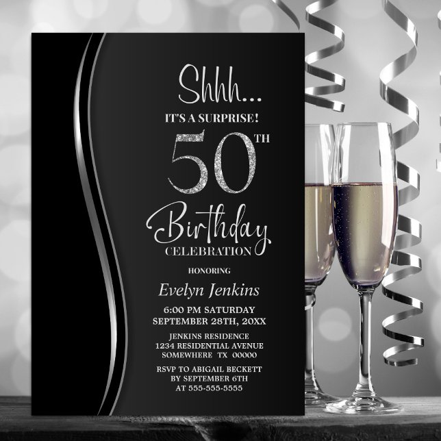 Convite Black Silver Surprise 50th Birthday (Criador carregado)