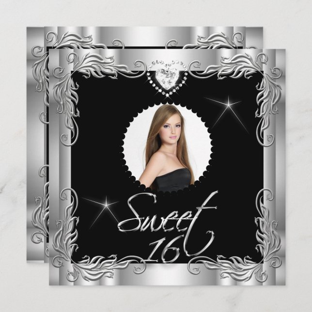 Convite Black Silver Sweet Sessenta Doces 16 Foto (Frente/Verso)