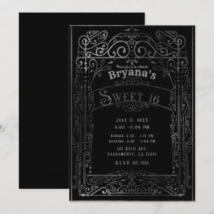 Convite Black & Silver Vintage Victorian Deco Sweet 16