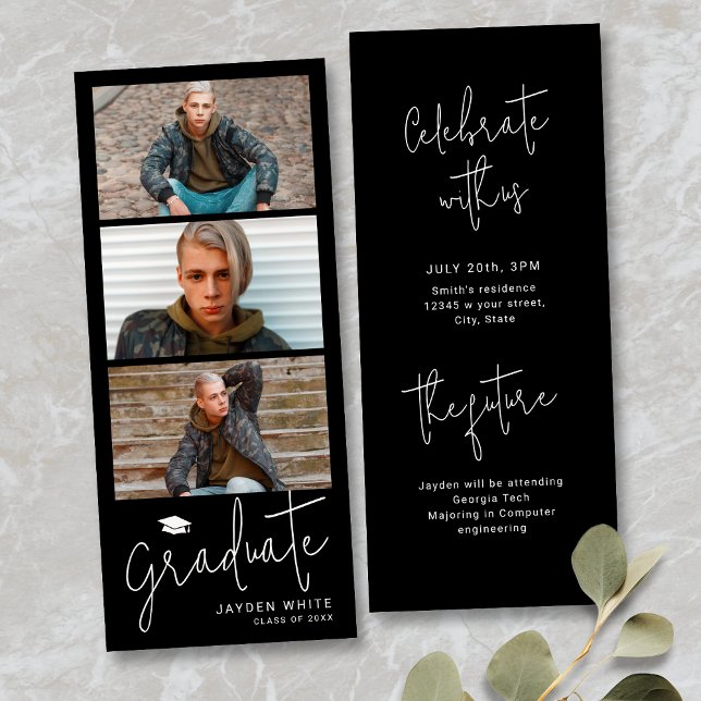 Convite Black Simples Moderno Script 3 Foto Graduação  (Black Simple Modern Script 3 Photo Graduation Invitation)