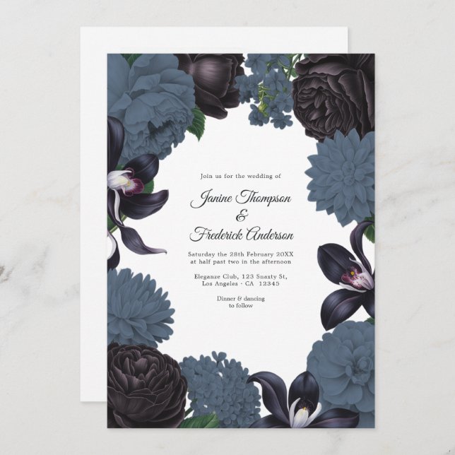 Convite Black & Slate Photo/QR Code Floral Wedding (Frente/Verso)
