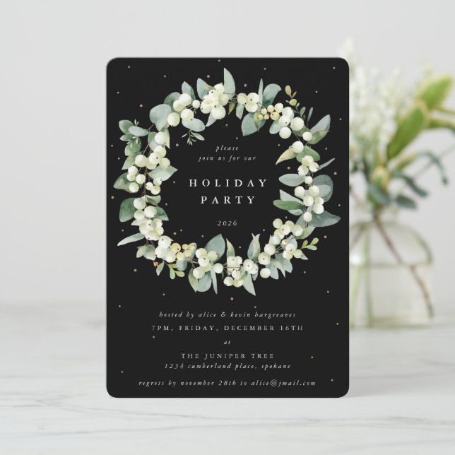 Convite Black Snowberry+Eucalyptus Wreath Holiday Party (Em pé/Frente)