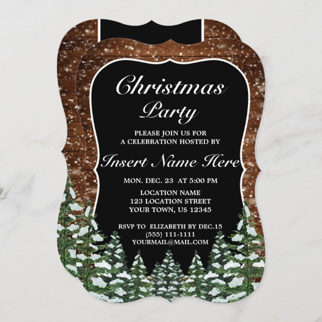 Convite Black Snowy Forest Pine Feliz Festa de Natal (Frente/Verso)