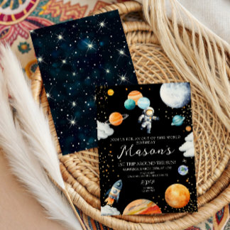 Convite Black Space Astronaut Balloon Planets 1st Trip