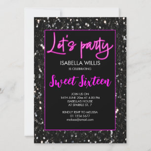 Convite Black sparkles Sweet 16 neon pink lets party