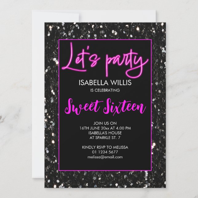 Convite Black sparkles Sweet 16 neon pink lets party (Frente)