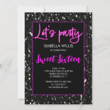 Black sparkles Sweet 16 neon pink lets party