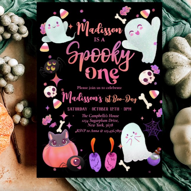 Convite Black Spooky One Halloween Ghost primeiro aniversa (Cute Pink Ghost 1st Birthday Spooktacular)