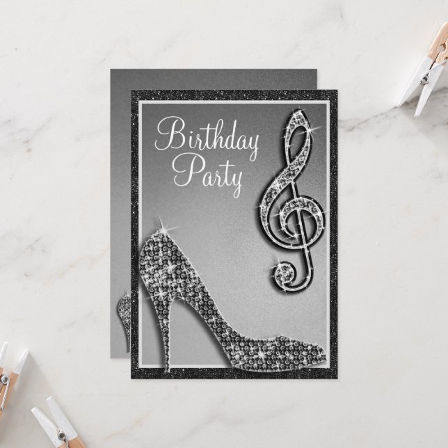 Convite Black Stiletto & Treble Clef Birthday (Frente/Verso In Situ)