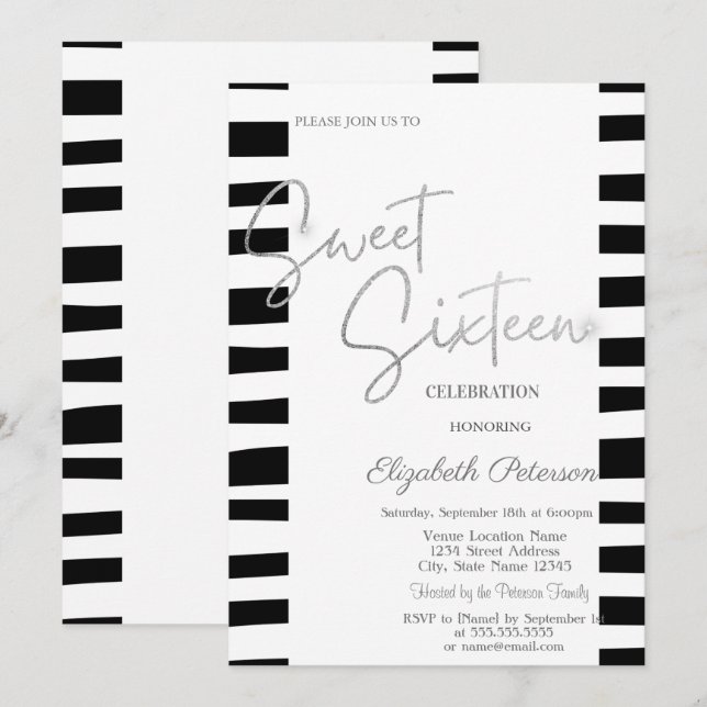 Convite Black Striped Silver Script Sweet 16  (Frente/Verso)
