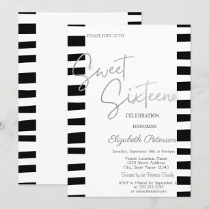 Convite Black Striped Silver Script Sweet 16