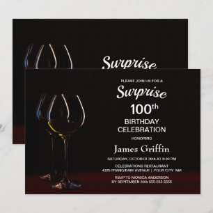 Convite Black Surprise 100th Birthday Wine Glass Party