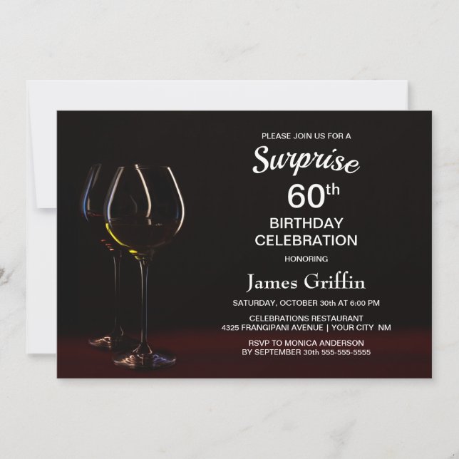 Convite Black Surprise 60th Birthday Wine Party (Frente)