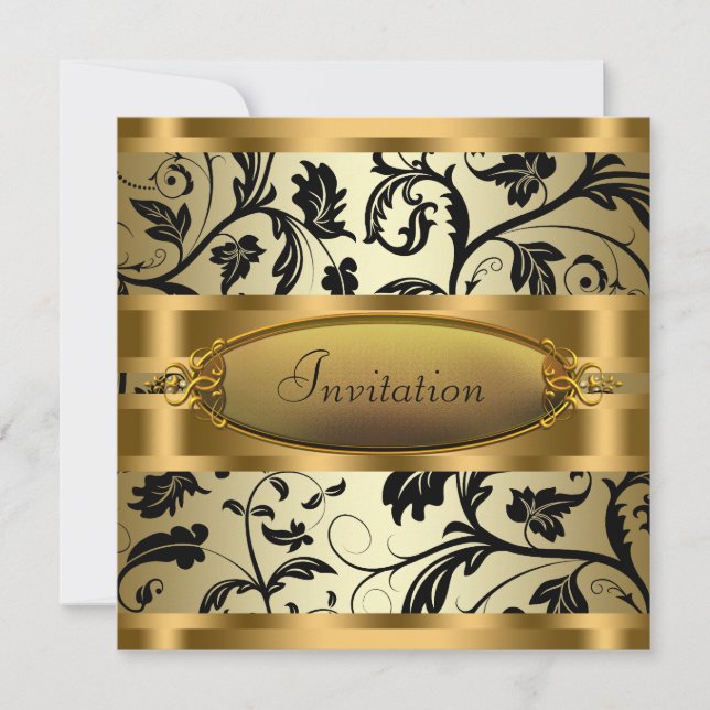 Convite Black Swirl Vines Partido Dourado Negro (Frente)