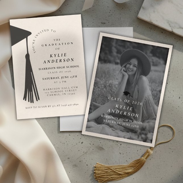 Convite Black Tassel Senior Photo High School Graduation  (Black Tassel Senior Photo High School Graduation Invitation)