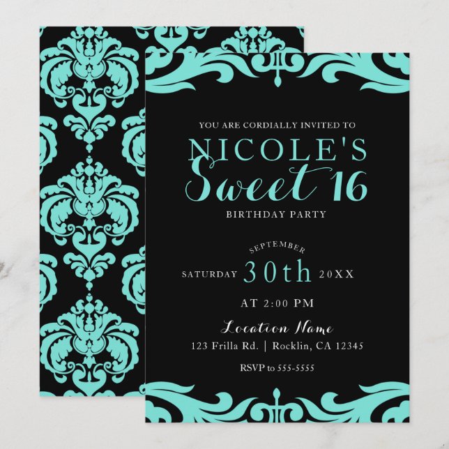 Convite Black & Teal Damask Chic Elegant Sweet 16 Party (Frente/Verso)