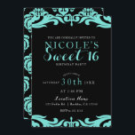 Convite Black & Teal Damask Chic Elegant Sweet 16 Party<br><div class="desc">Personalizar para qualquer evento.</div>