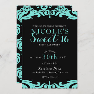 Convite Black & Teal Damask Chic Elegant Sweet 16 Party